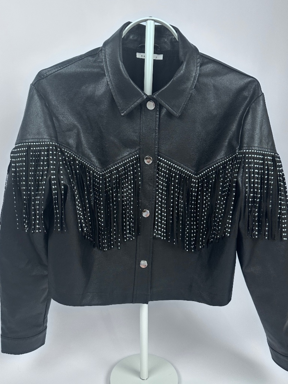 Black Faux Leather Fringe Jacket Studded Western Cropped Size M